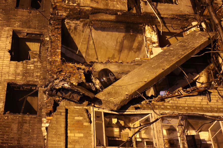 A view of the damaged apartments are spotted after the warplane crashed into a residential area in Yeysk.