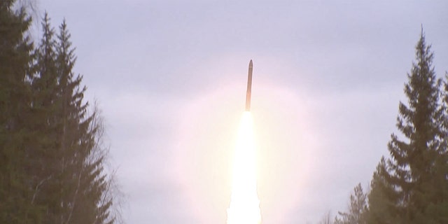 Russia's Yars intercontinental ballistic missile launched during exercises held by the country's strategic nuclear forces at the Plesetsk Cosmodrome, Russia, in this image taken from handout footage released Oct. 26, 2022. 