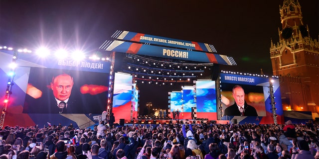 Russian President Vladimir Putin speaks during celebrations in Moscow marking the incorporation of regions of Ukraine to join Russia on Friday.