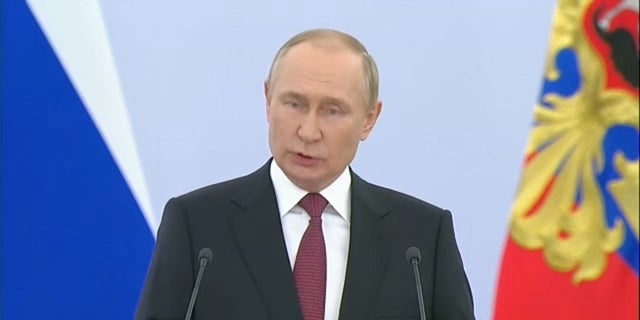 Russian President Vladimir Putin delivers a speech as he formalizes the annexation of four Ukrainian territories on Sept. 30, 2022.