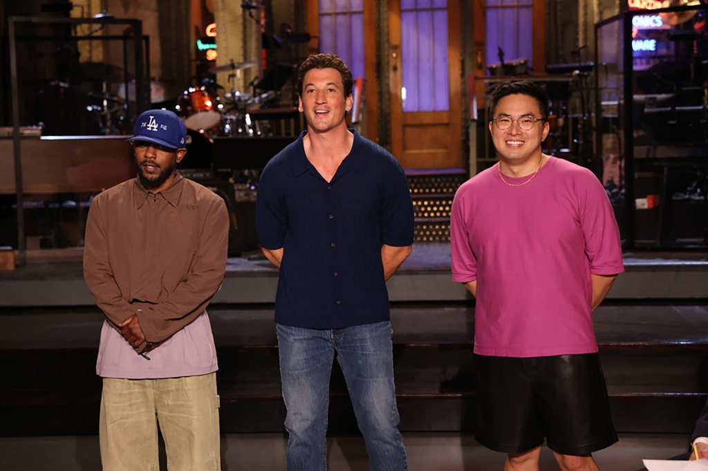 Musical guest Kendrick Lamar, host Miles Teller, and Bowen Yang during Promos in Studio 8H on Sept. 30, 2022.