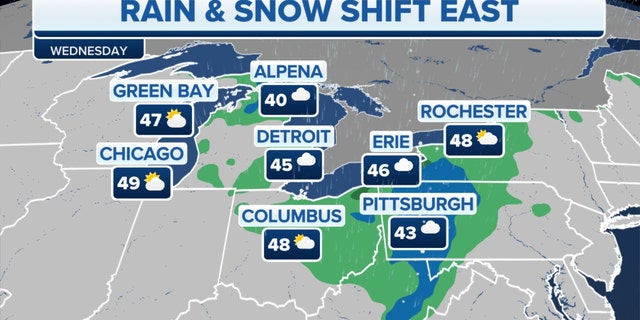 Rain and snow shift eastward on Wednesday