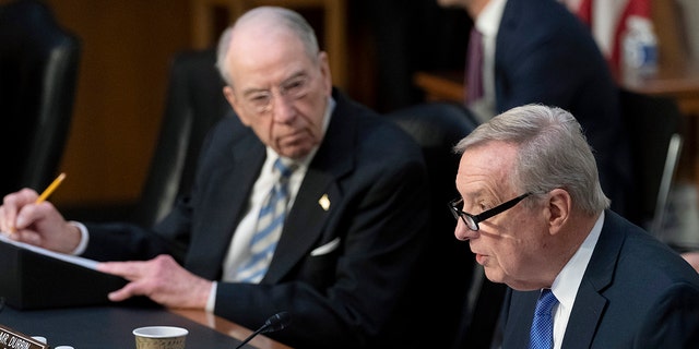 Sen. Chuck Grassley, R-Iowa, the ranking member of the Senate Judiciary Committee, left, listens as Sen. Dick Durbin, D-Ill., chairman of the Senate Judiciary Committee, speaks during Supreme Court nominee Judge Ketanji Brown Jackson's confirmation hearing before the Senate Judiciary Committee hearing on Capitol Hill in Washington, March 23, 2022.