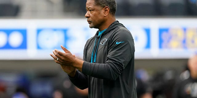 Carolina Panthers head coach Steve Wilks walks on the field before an NFL football game Sunday, Oct. 16, 2022, in Inglewood, California.