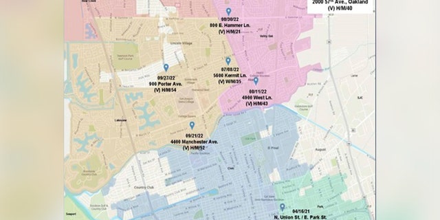 Stockton police released this map of six murders all linked to the same suspected serial killer.