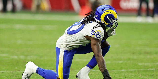 Takkarist McKinley #50 of the Los Angeles Rams lines up during an NFL football game between the Arizona Cardinals and the Los Angeles Rams at State Farm Stadium on September 25, 2022 in Glendale, Arizona.