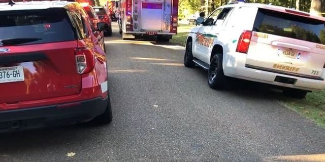 Police and fire personnel lined up outside the home where two children were killed in a dog attack.