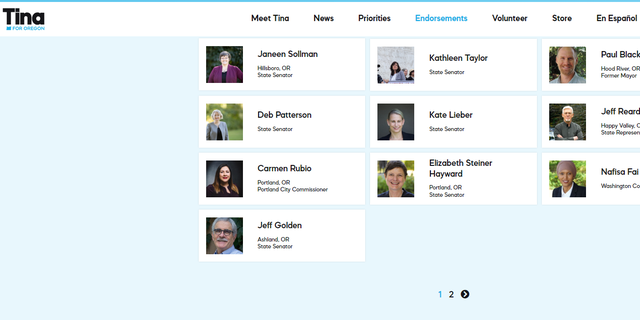 Oregon Democrat state Sen. Jeff Golden's endorsement displayed on former Oregon House Speaker Tina Kotek's website.