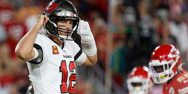 Tampa Bay Buccaneers quarterback Tom Brady, #12, calls a play against the Kansas City Chiefs during the first half at Raymond James Stadium Oct. 2, 2022 in Tampa, Florida.