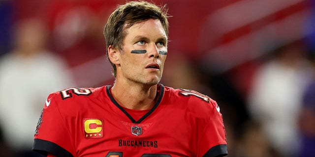 Tom Brady of the Tampa Bay Buccaneers looks on during pregame warm-ups prior to a game against the Baltimore Ravens at Raymond James Stadium on Oct. 27, 2022, in Tampa, Florida.