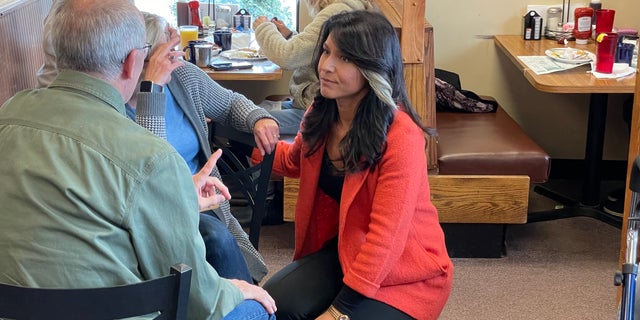 Former Rep. Tulsi Gabbard, a Democrat turned independent, campaigns on behalf of Republican Senate nominee in New Hampshire Don Bolduc, in Loudon, N.H. on Oct. 17, 2022