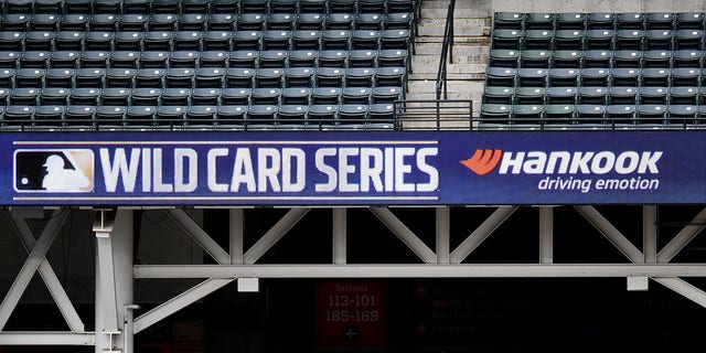 A general view of the 2020 Wild Card Series logo on the LED scoreboard during batting practice prior to Game 1 of the Wild Card Series between the New York Yankees and the Cleveland Indians at Progressive Field on Tuesday, Sept. 29, 2020 in Cleveland.