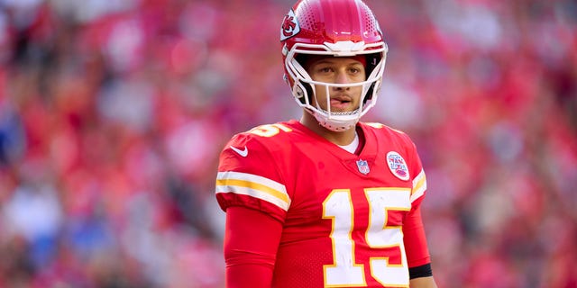 Patrick Mahomes of the Kansas City Chiefs looks toward the sideline against the Buffalo Bills on Oct. 16, 2022, in Kansas City, Missouri.