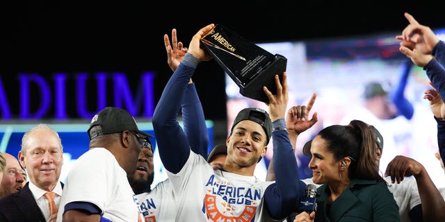 Jeremy Pena #3 of the Houston Astros is announced as the American League Championship Series MVP after defeating the New York Yankees in game four to advance to the World Series at Yankee Stadium on October 23, 2022 in the Bronx borough of New York City. 