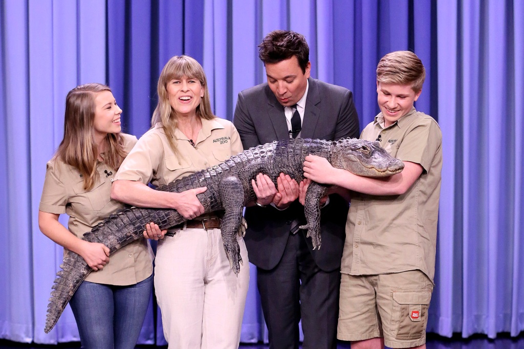 Robert (right) is seen with sister Bindi, mom Terri, and Jimmy Fallon during an appearance on "The Tonight Show" in 2018.  