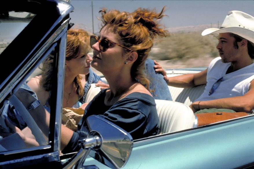 Geena Davis Susan Sarandon, and Brad Pitt on the set of “Thelma and Louise.”