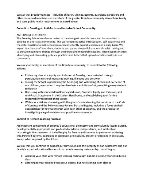 A letter to Brearley parents asking them to commit to the school's "core values" including anti-racism.