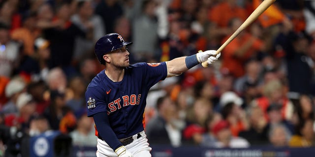 Alex Bregman #2 of the Houston Astros hits a two run home run in the fifth inning against the Philadelphia Phillies in Game Two of the 2022 World Series at Minute Maid Park on October 29, 2022 in Houston, Texas. 