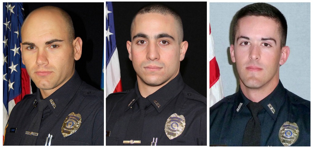 Bristol Police Sgt. Dustin Demonte (L) and Officer Alex Hamzy (M) and Officer Alec Iurato (R) critically wounded.