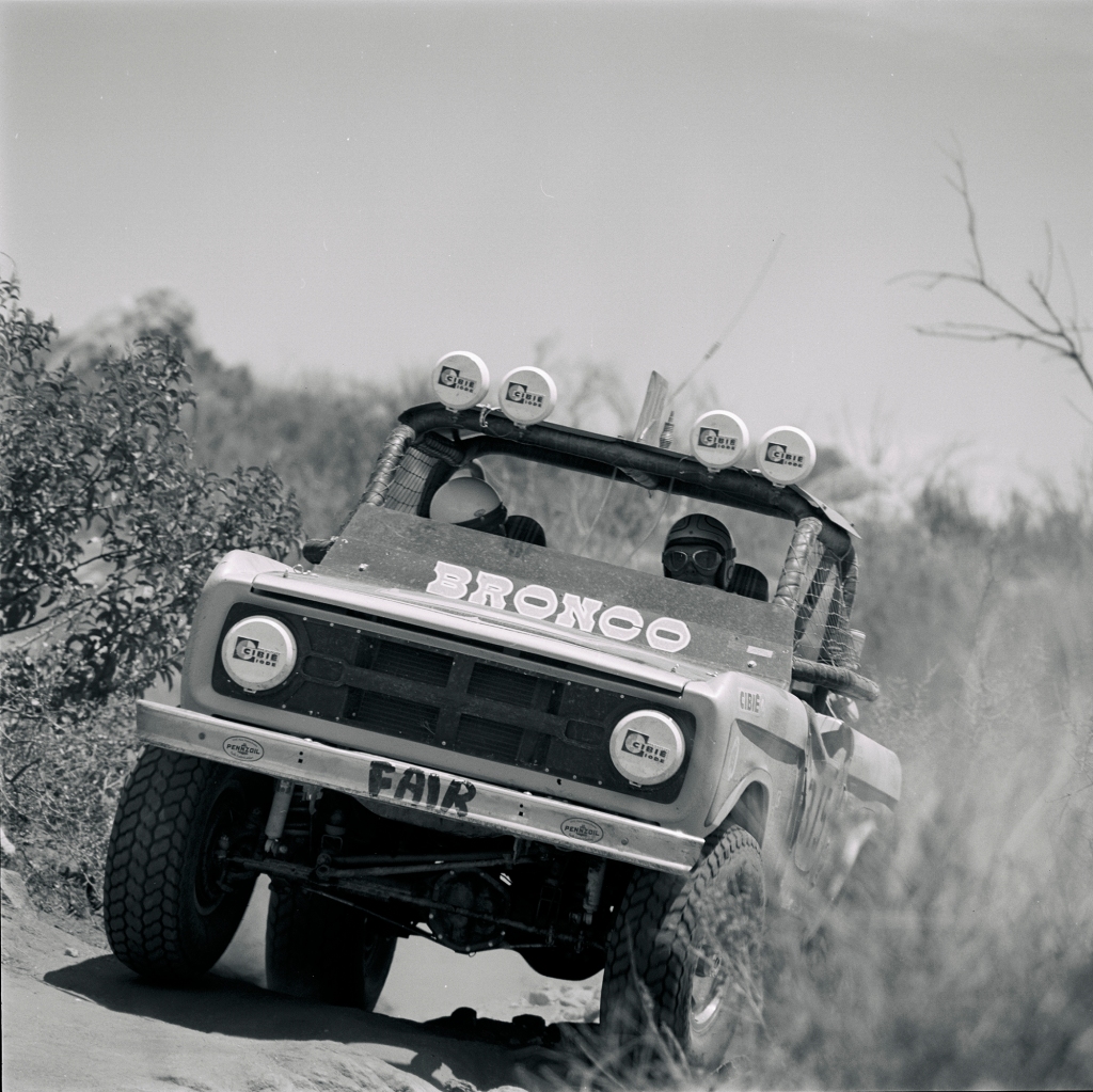 Black and white image of a Ford Bronco.