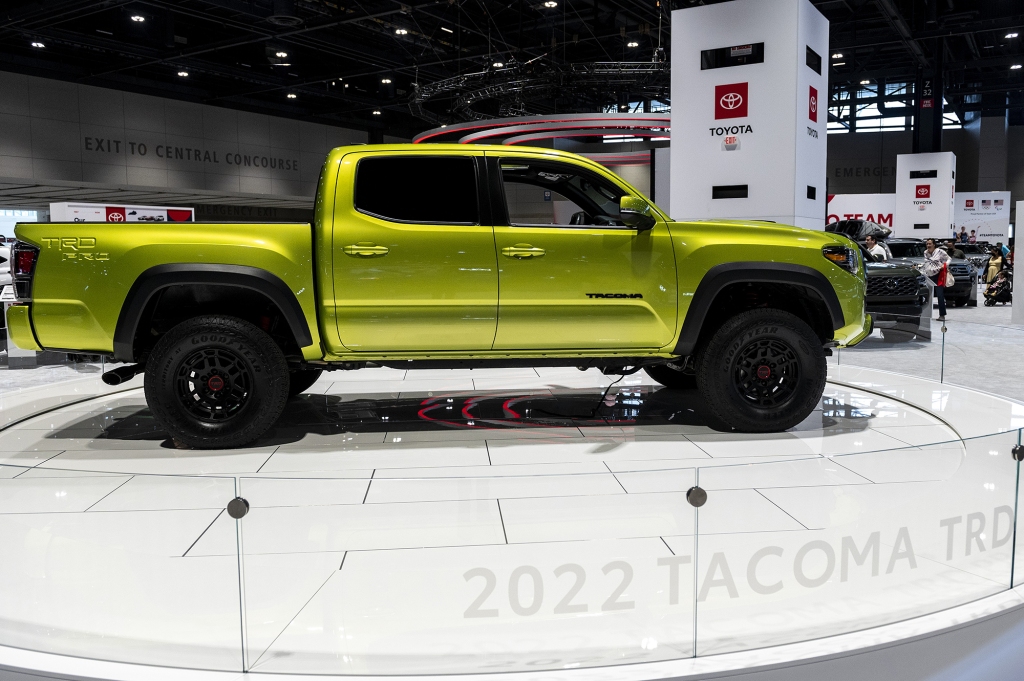 A green 2022 Toyota Tacoma TRD Pro pickup truck during the Chicago Auto Show in Chicago, Illinois, U.S., on Thursday, July 15, 2021. 