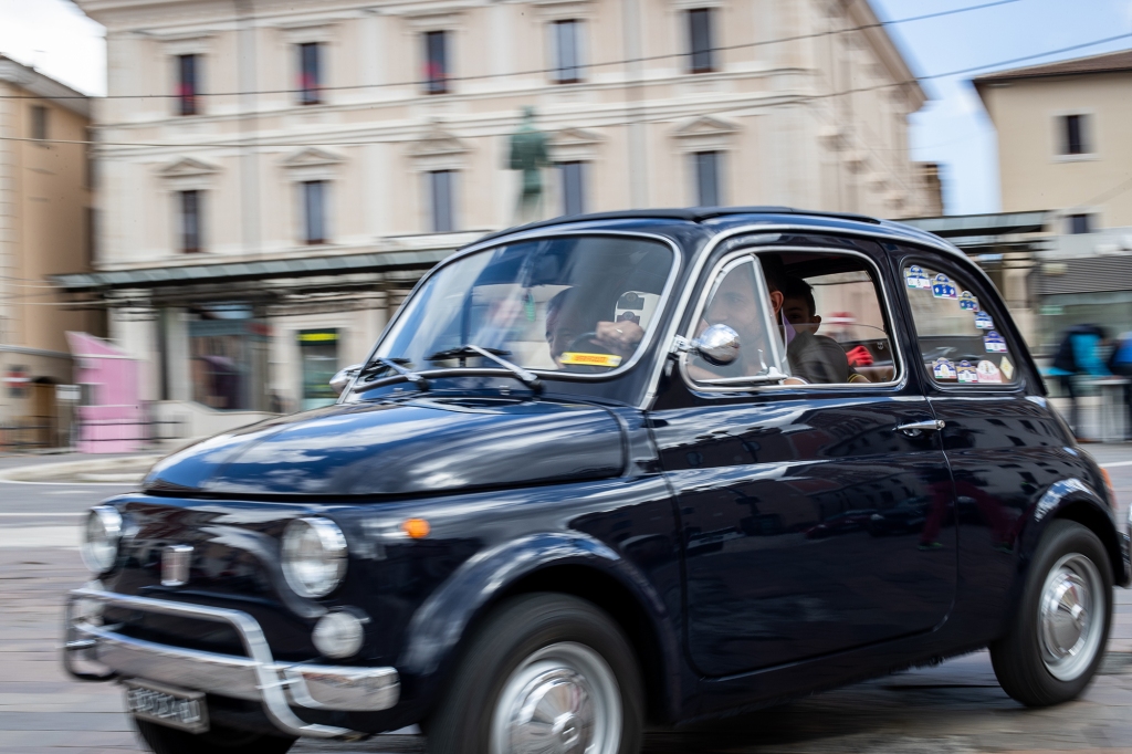 A FIAT 500 during a Classic Cars show Coppa del Gran Sasso dItalia 2022 in Piazza Duomo, L'Aquila, Italy, on September 17, 2022.  