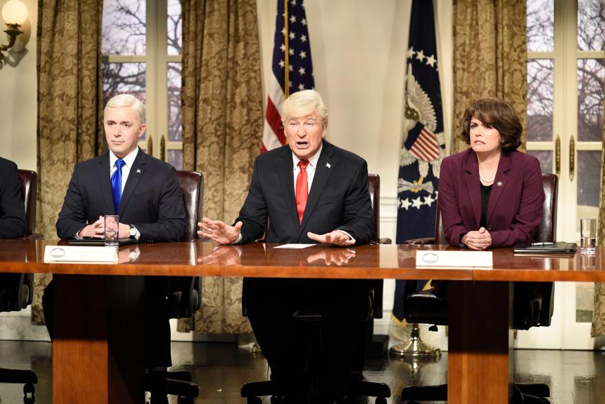 Beck Bennett as Vice President Mike Pence, Alec Baldwin as President Donald J. Trump, Cecily Strong as Senator Dianne Feinstein