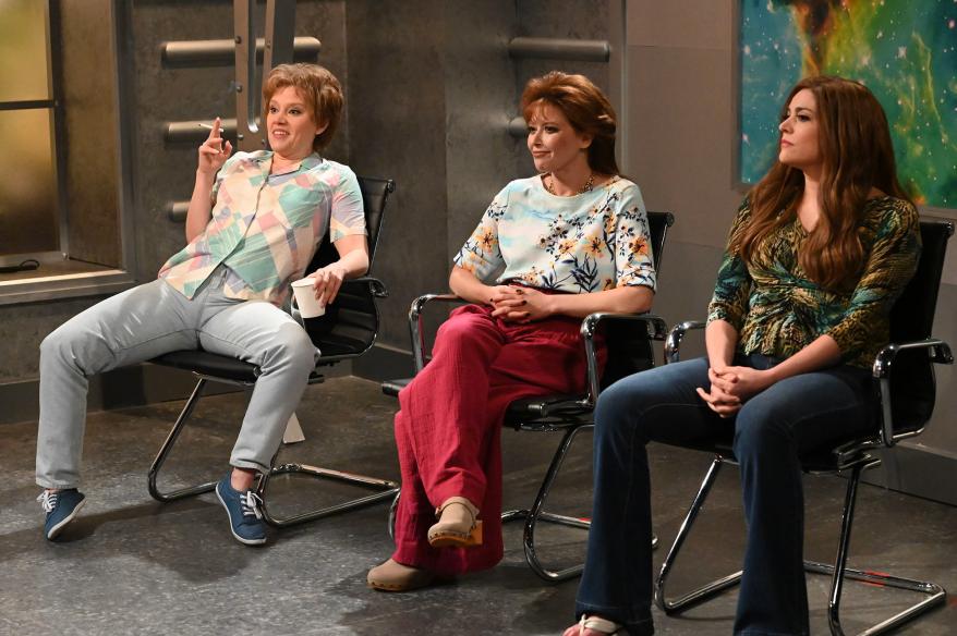 Kate McKinnon as Ms. Rafferty, host Natasha Lyonne, and Cecily Strong