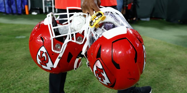 General view of Kansas City Chiefs helmets being taken off the field after the game against the Tampa Bay Buccaneers at Raymond James Stadium on October 02, 2022 in Tampa, Florida.