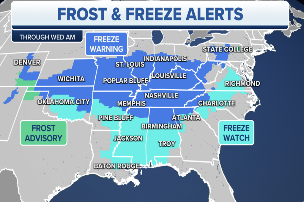 Morning low temperatures could fall below freezing across much of the eastern half of the U.S.
