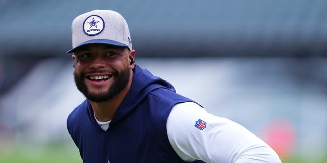 Dak Prescott #4 of the Dallas Cowboys smiles prior to the game against the Philadelphia Eagles at Lincoln Financial Field on October 16, 2022 in Philadelphia, Pennsylvania.