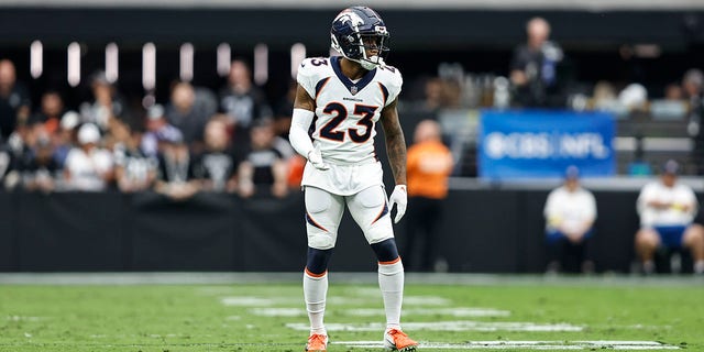 Ronald Darby of the Denver Broncos lines up during a game against the Las Vegas Raiders at Allegiant Stadium Oct. 2, 2022, in Las Vegas.