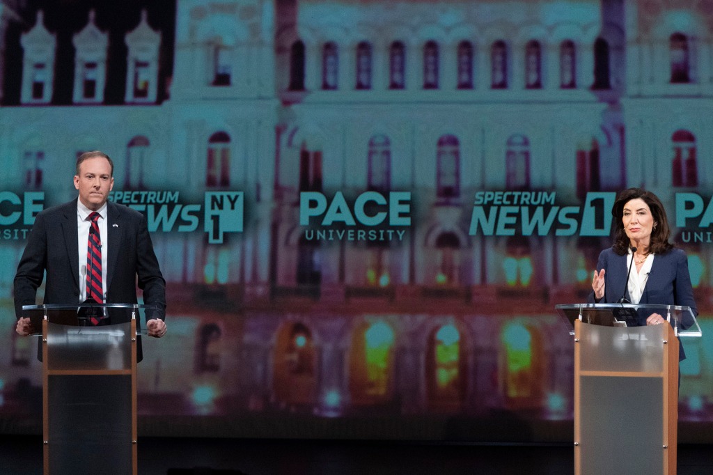 Republican candidate for New York Governor Lee Zeldin, left, participates in a debate against incumbent Democratic Gov. Kathy Hochul hosted by Spectrum News NY1, Tuesday, Oct. 25, 2022