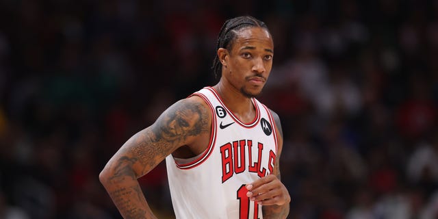 DeMar DeRozan #11 of the Chicago Bulls looks on against the Boston Celtics during the first half at United Center on October 24, 2022 in Chicago, Illinois.