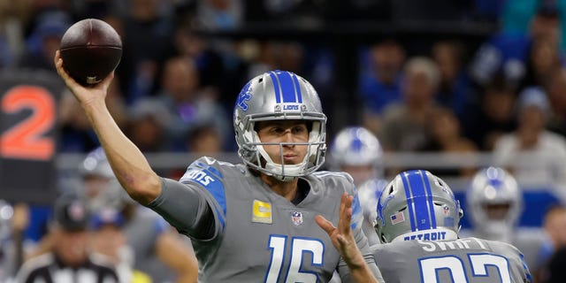 Jared Goff of the Detroit Lions throws against the Miami Dolphins, Oct. 30, 2022, in Detroit.