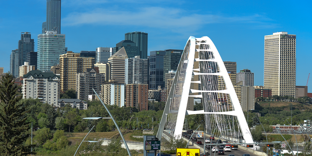 A panoramic view of Edmonton's downtown. On Monday, 9 August 2021, in Edmonton, Alberta, Canada. (Photo by Artur Widak/NurPhoto via Getty Images)