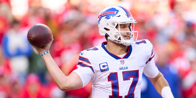 Josh Allen of the Buffalo Bills drops back to pass against the Kansas City Chiefs on Oct. 16, 2022, in Kansas City, Missouri.