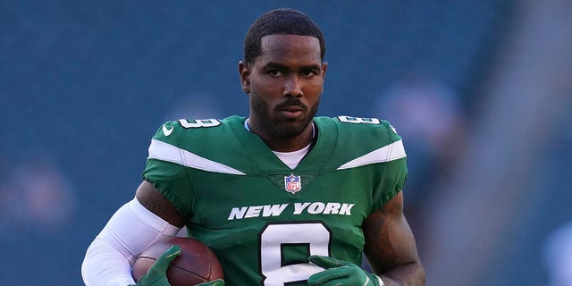 Elijah Moore of the New York Jets looks on against the Philadelphia Eagles during the preseason game at Lincoln Financial Field in Philadelphia, Pennsylvania, on Aug. 12, 2022.