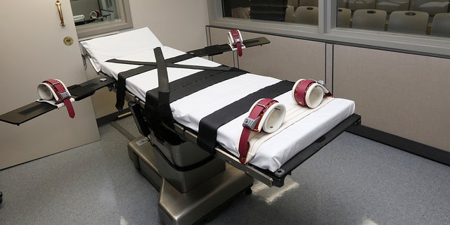 Photo shows the gurney in the the execution chamber at the Oklahoma State Penitentiary in McAlester, Okla.