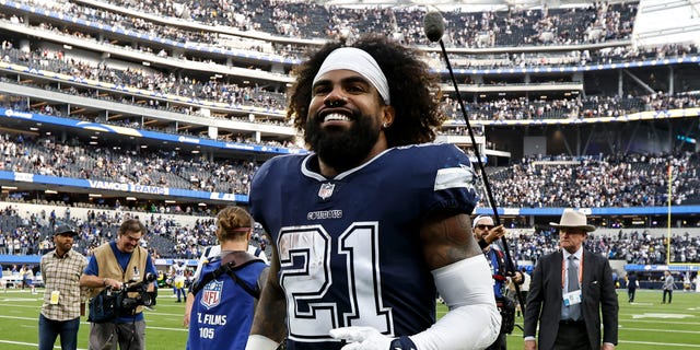 Ezekiel Elliott #21 of the Dallas Cowboys celebrates following an NFL football game between the Los Angeles Rams and the Dallas Cowboys at SoFi Stadium on October 09, 2022 in Inglewood, California.