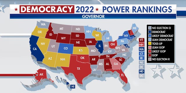 Fox News' Democracy 2022 Power Rankings as of Oct. 25, 2022; the governor elections' forecast indicates which way each state may vote.