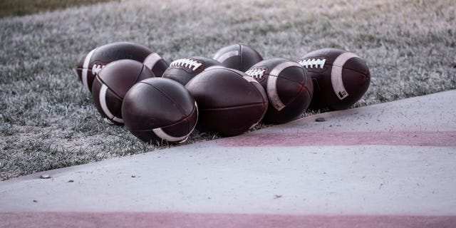 A detail view of footballs on the field at Stanford Stadium before the 124th Big Game between the Stanford Cardinal and the California Golden Bears played on November 20, 2021 at Stanford Stadium in Palo Alto, California. 