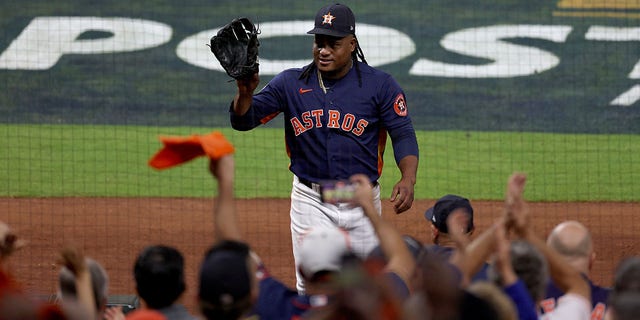 Framber Valdez #59 of the Houston Astros reacts after retiring the side against the New York Yankees during the seventh inning in game two of the American League Championship Series at Minute Maid Park on October 20, 2022, in Houston, Texas.