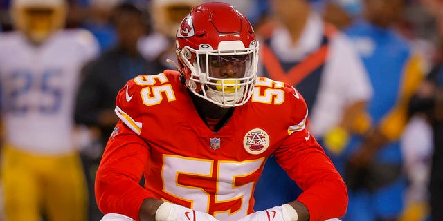 Frank Clark #55 of the Kansas City Chiefs rests between plays during the first quarter against the Los Angeles Chargers at Arrowhead Stadium on September 15, 2022 in Kansas City, Missouri. 