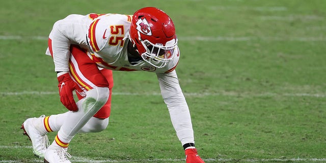 Defensive end Frank Clark #55 of the Kansas City Chiefs during the NFL game against the Las Vegas Raiders at Allegiant Stadium on November 22, 2020 in Las Vegas, Nevada. The Chiefs defeated the Raiders 35-31.  