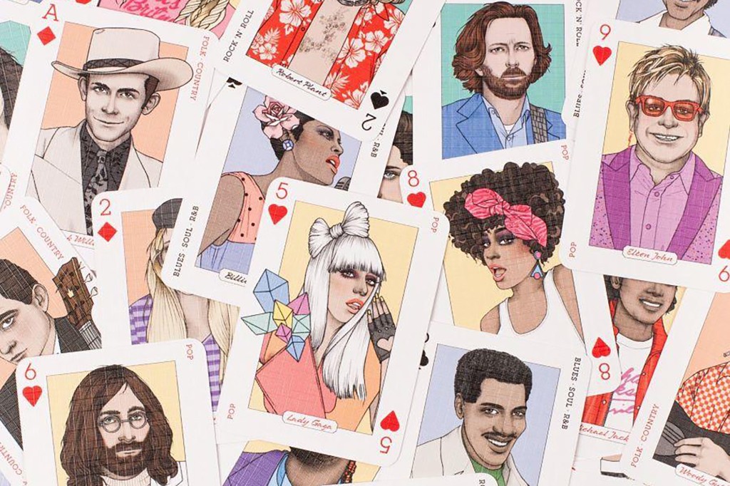 An array of playing cards with famous musicians 