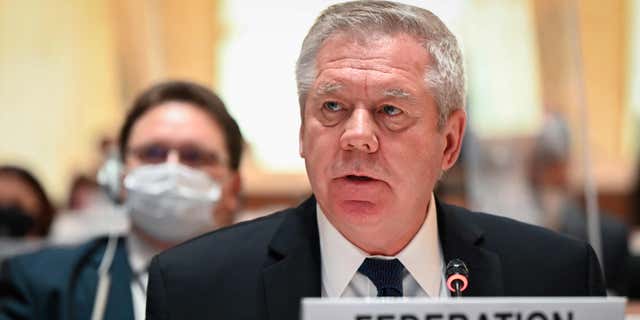 Russian ambassador Gennady Gatilov, seen here speaking at the UN Human Rights Council in Geneva, Switzerland, on, Feb. 28, 2022, has spoken out against the U.N.'s plans to further increase scrutiny on Russia for their actions in Ukraine.