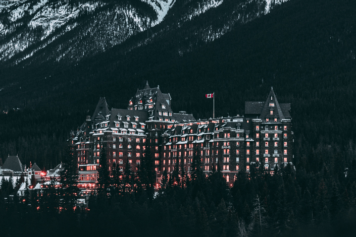 Exterior of the Banff Springs Hotel at night