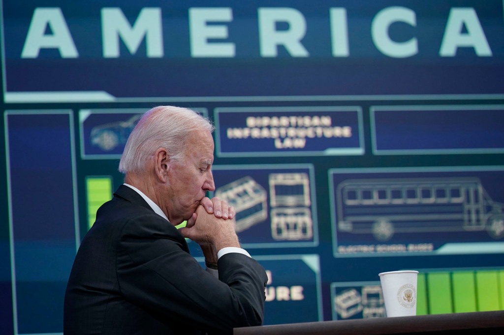 President Joe Biden listens during an event about infrastructure in the South Court Auditorium on the White House complex in Washington, Wednesday, Oct. 19, 2022. 