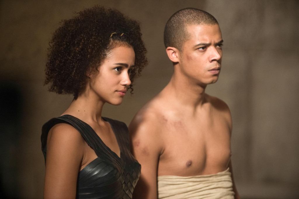 Nathalie Emmanuel as Missandei and Jacob Anderson as Grey Worm on "Game of Thrones." 